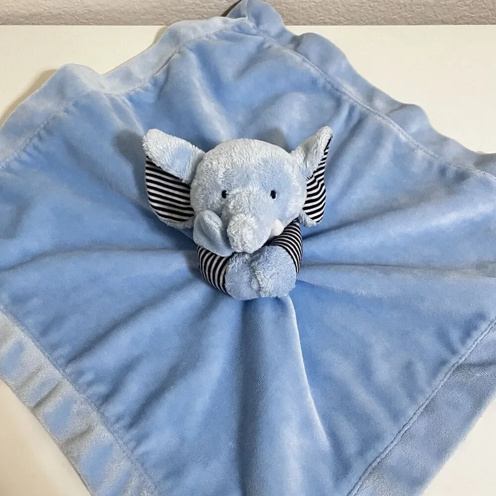Carter's Blue Elephant Security Blanket Lovey Lovie Rattle Striped Satin Back